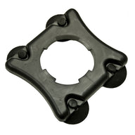 Black plastic water pump impeller cover with four black rubber wheels.