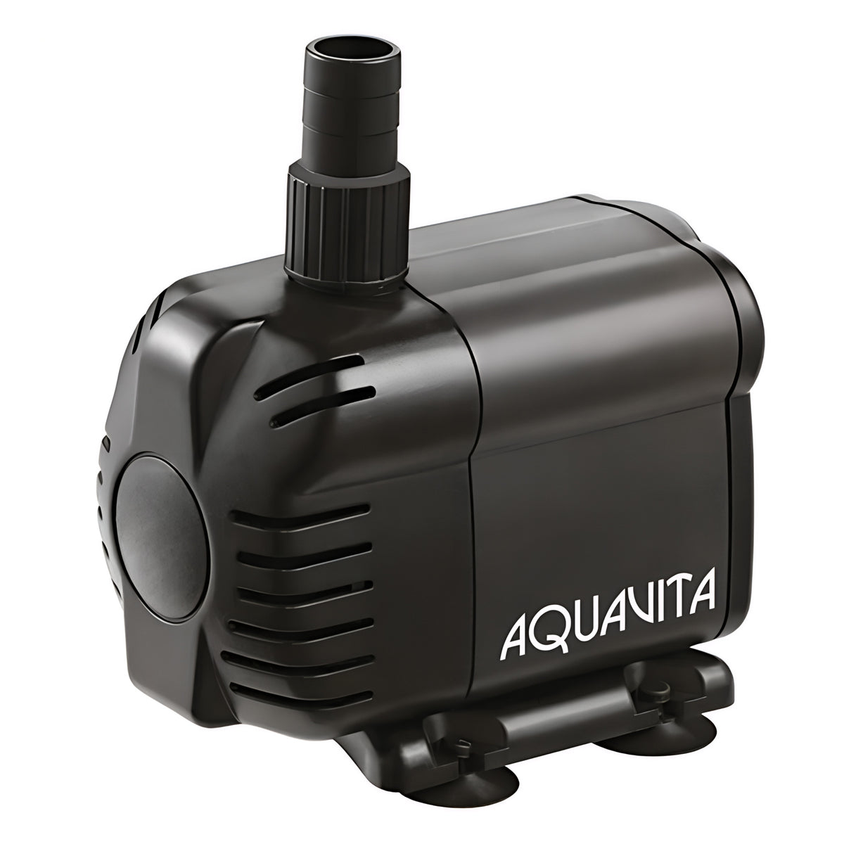 Black AquaVita 528 GPH submersible water pump with nozzle, vents, and suction cups.