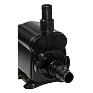 Black submersible water pump with two hose outlets, one on top and one on the side.