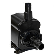 Black submersible water pump with inlet and outlet fittings.