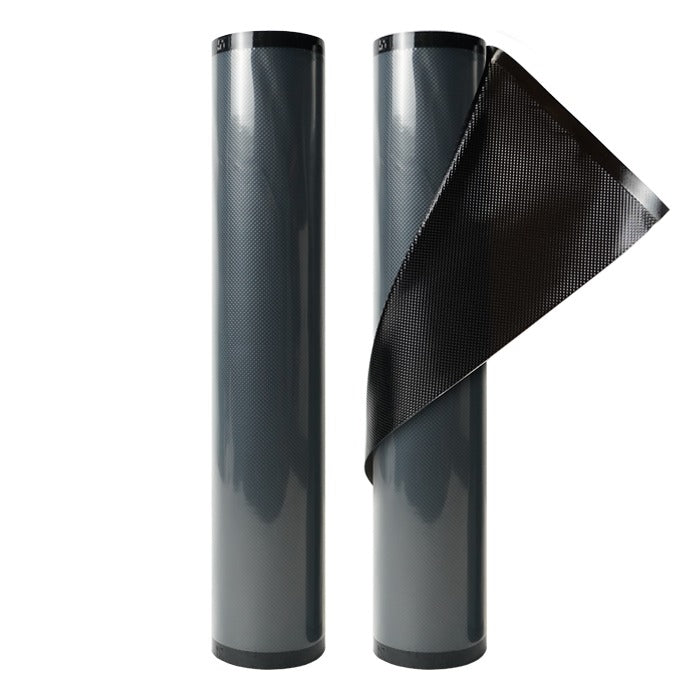 Two rolls of 5 mil ArmorVac black clear vacuum seal bags. One roll is partially unwrapped showing the textured black material.