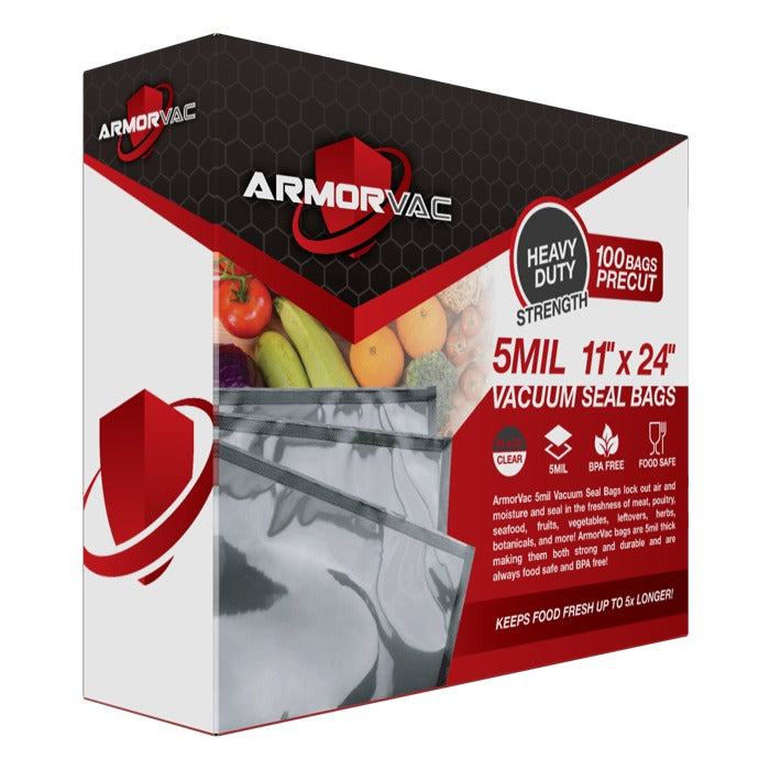ArmorVac heavy-duty 5 mil vacuum seal bags, 11"x24", 100 count, clear, food safe.