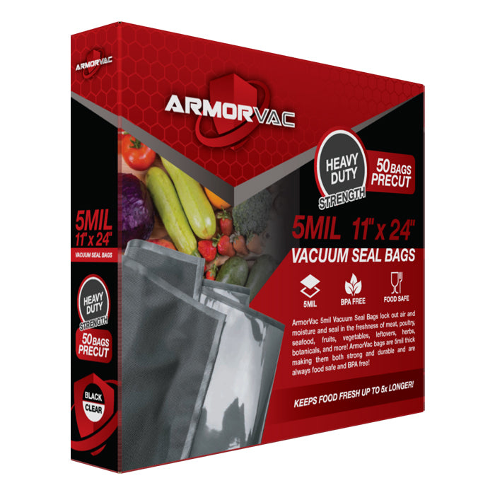 ArmorVac 5mil 11"x24" vacuum seal bags, 50ct precut, black/clear.