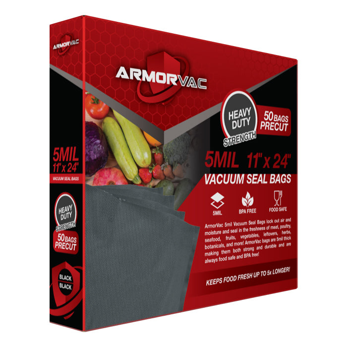 ArmorVac 11"x24" 5mil black vacuum seal bags, 50 precut bags. Heavy duty, food safe.