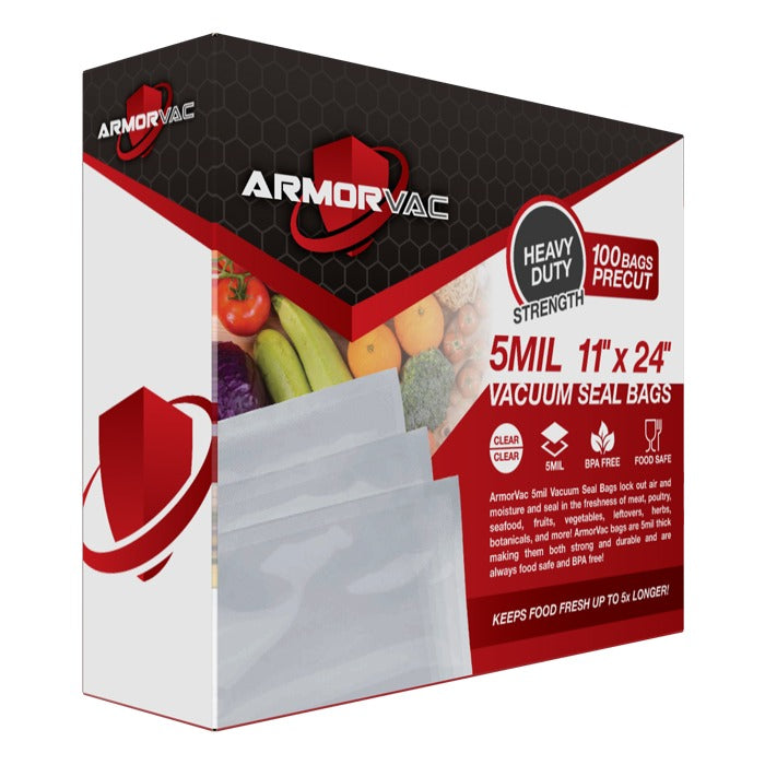 ArmorVac 11x24 5mil vacuum seal bags, 100 precut, heavy-duty, BPA-free, food-safe.
