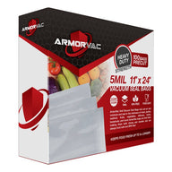 ArmorVac 11x24 5mil vacuum seal bags, 100 precut, heavy-duty, BPA-free, food-safe.