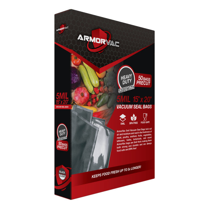 ArmorVac 5mil 15x20 vacuum seal bags: 50 count, black & clear, heavy duty, food safe.