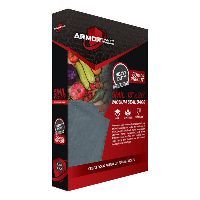 ArmorVac 5mil 15"x20" vacuum seal bags, 50 precut bags, heavy duty, food safe.