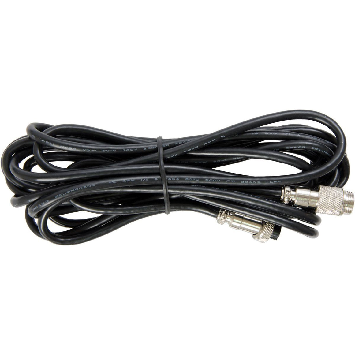 Coiled black cable with two silver metallic connectors, marked AWM, 22AWG, 80°C, 300V, ZELONGKANG.