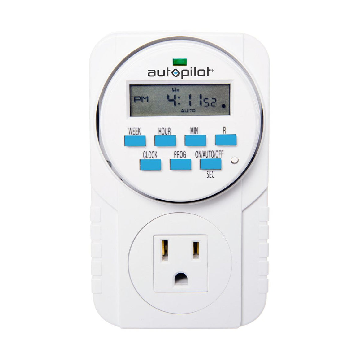 Autopilot 7-Day white grounded digital programmable timer, front view, with LCD screen, control buttons, and a 3-prong outlet.