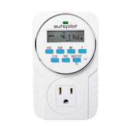 Autopilot 7-Day white grounded digital programmable timer, front view, with LCD screen, control buttons, and a 3-prong outlet.