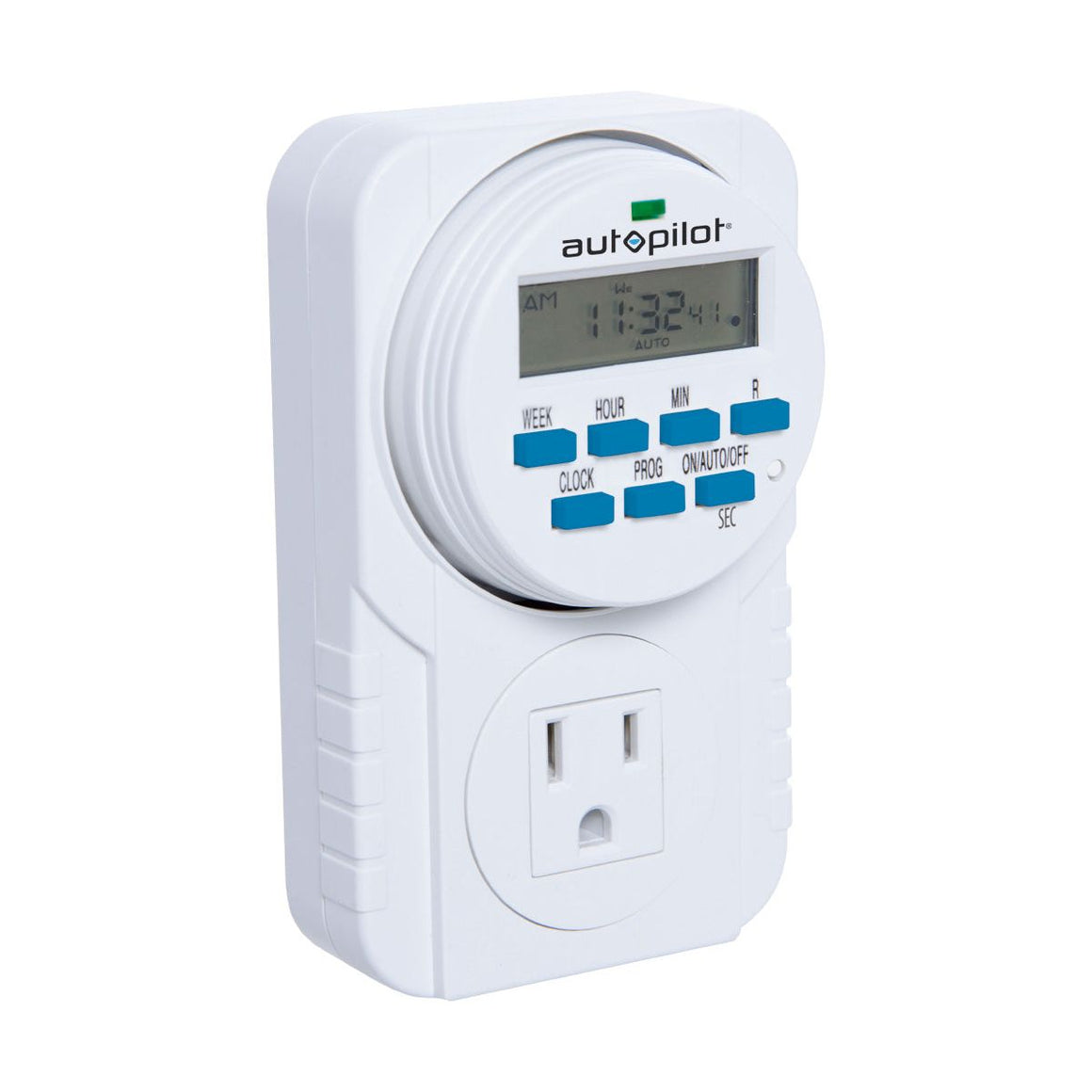 White Autopilot digital programmable timer with LCD screen, blue control buttons, and a grounded US power outlet.