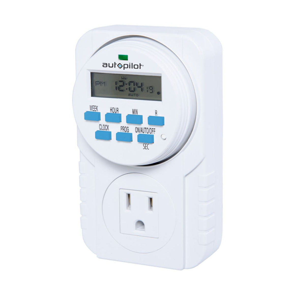 White Autopilot 7-Day Digital Programmable Timer, grounded outlet, LCD showing 12:04 PM, blue control buttons.