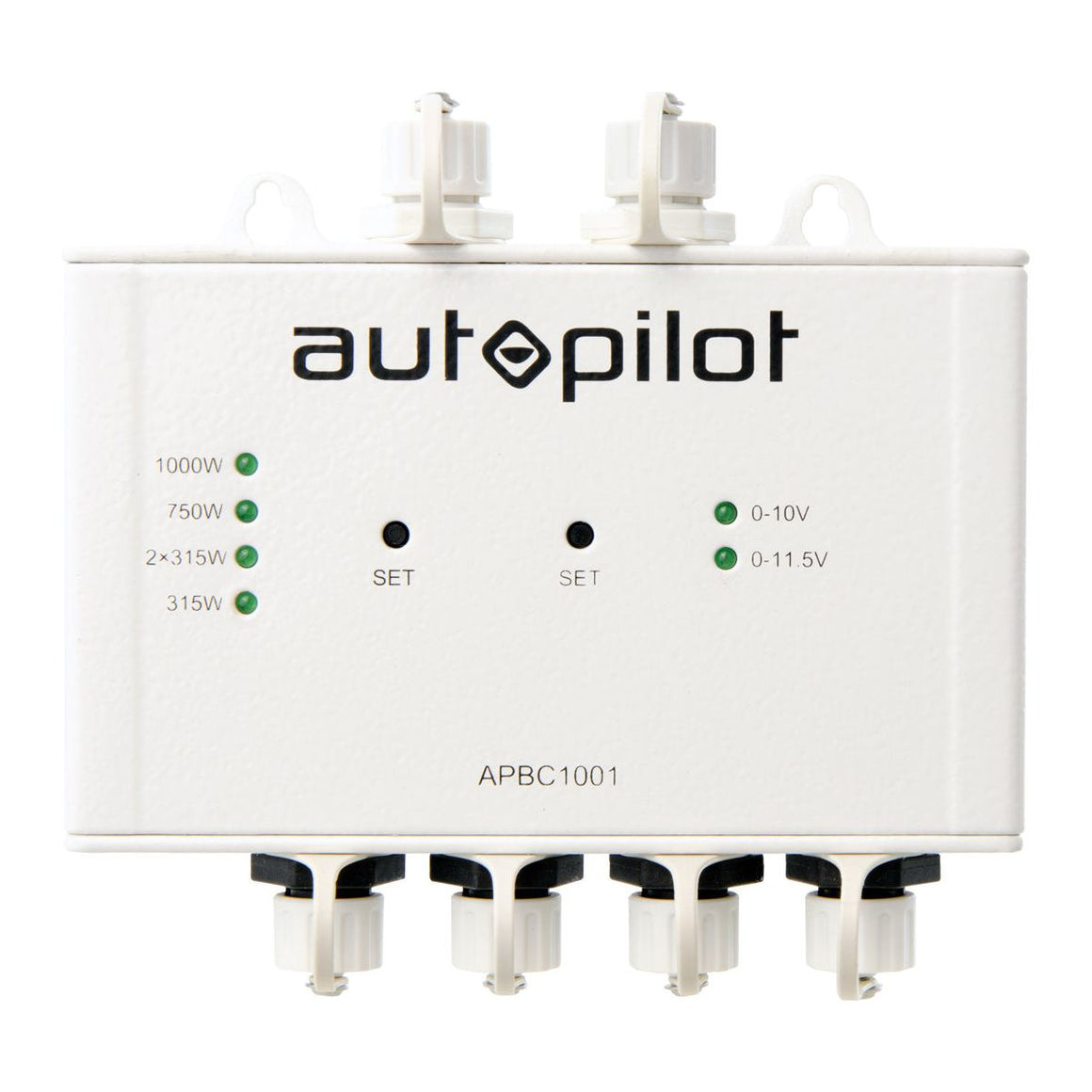White Autopilot APBC1001 analog to digital module V2, front view, showing LED power/voltage indicators.
