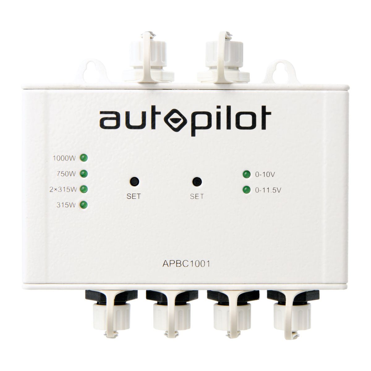 White Autopilot APBC1001 analog to digital module V2, front view, showing LED power/voltage indicators.