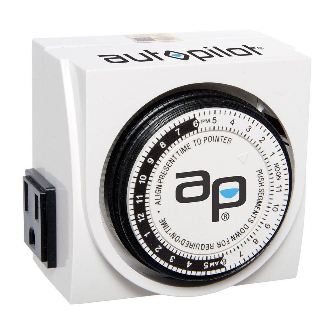 White Autopilot dual-outlet analog grounded timer. Features a circular dial with an "ap" logo and AM/PM time scale.