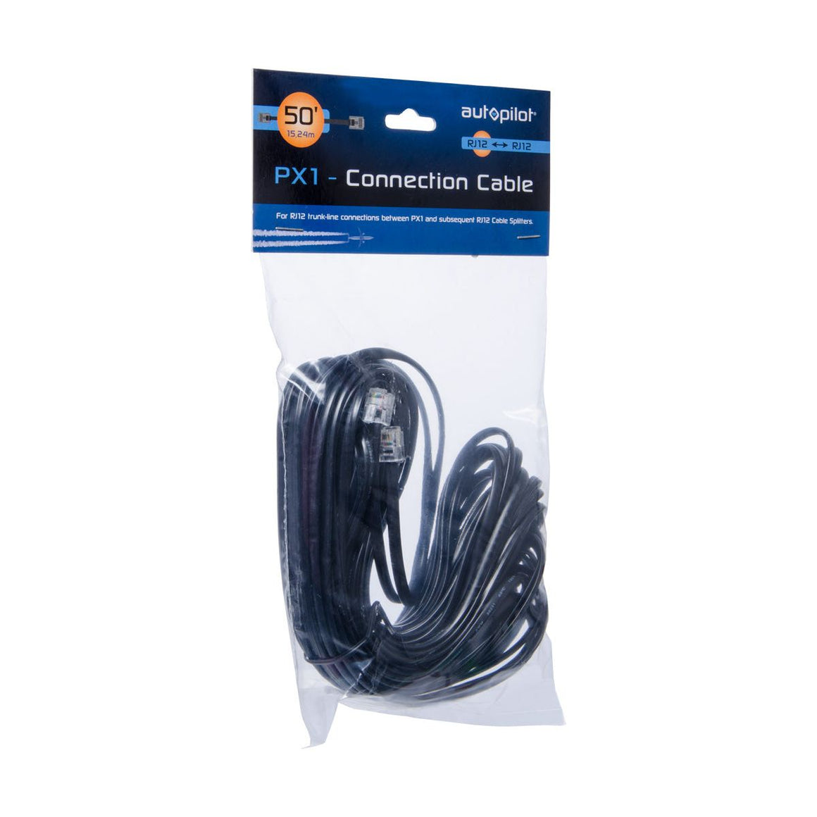 Autopilot PX1 RJ12 connection cable, 50ft (15.24m), black, coiled in clear retail packaging.