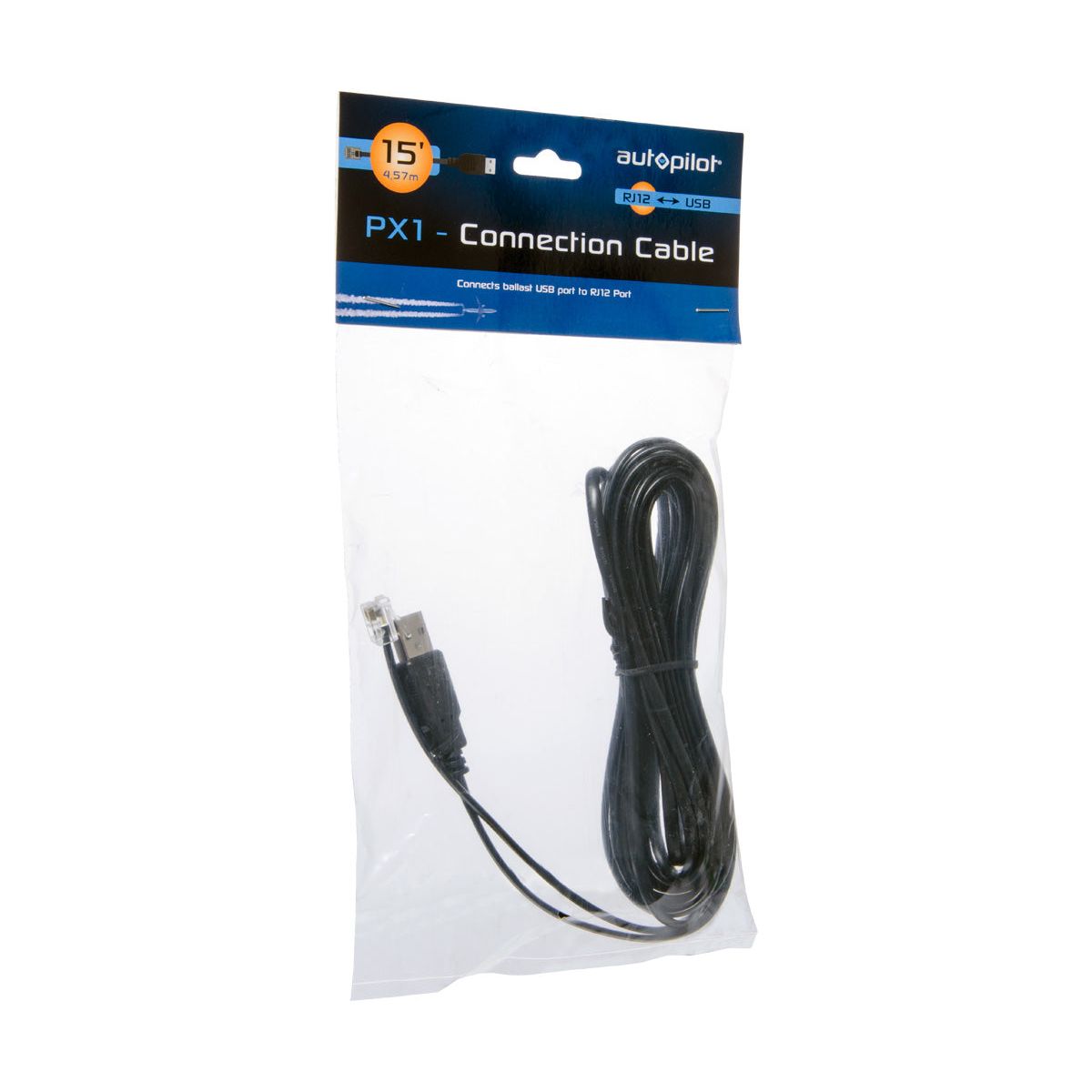 Autopilot RJ12 to USB Cord, 15ft black cable, for connecting ballast USB to RJ12 port, in clear packaging.