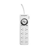 Front view of white Autopilot 8-outlet power strip with mechanical timer dial and ap logo.