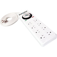 White Autopilot DE 8-outlet power strip with built-in timer, coiled cord, and 3-prong plug on white background.