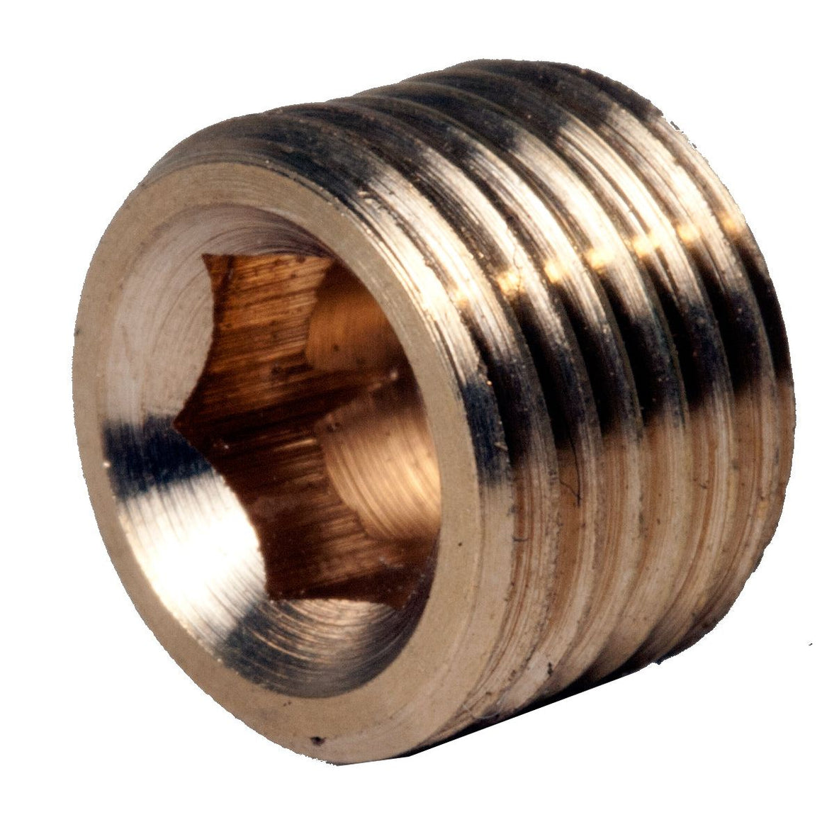 Brass threaded plug with an internal hex drive socket, gleaming on a white background.