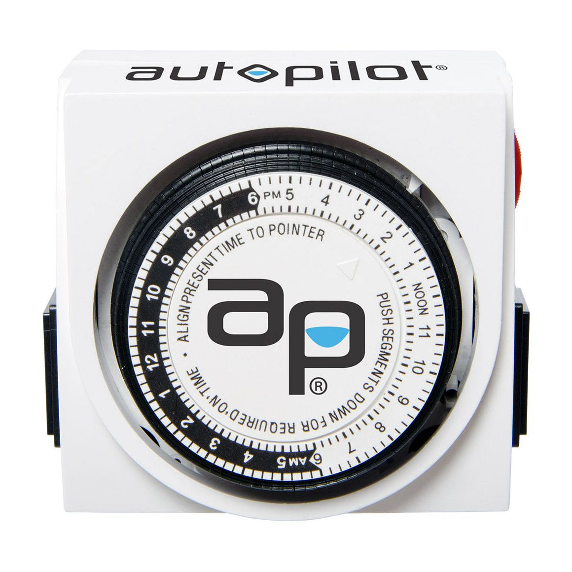 Front view of a white Autopilot analog grounded timer. Round dial with black segments, 'ap' water drop logo.