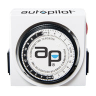 Front view of a white Autopilot analog grounded timer. Round dial with black segments, 'ap' water drop logo.
