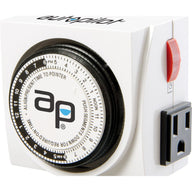 White Autopilot analog grounded timer with black dial, red override switch, and dual power outlet.