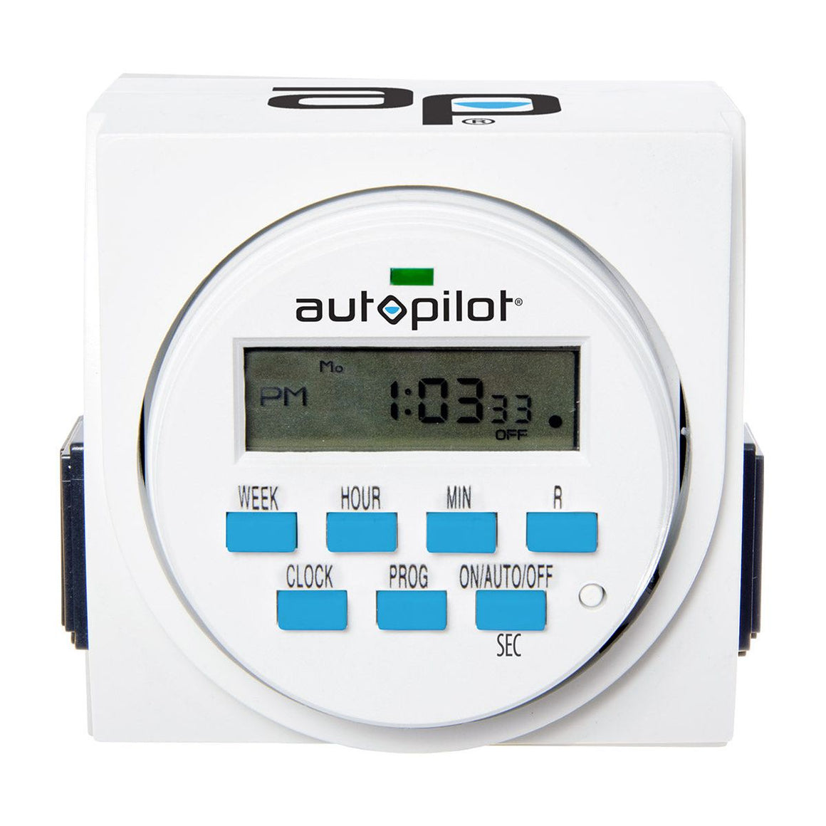 Front view of white Autopilot digital programmable 7-day timer, showing LCD display and blue control buttons.