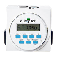 Front view of white Autopilot digital programmable 7-day timer, showing LCD display and blue control buttons.