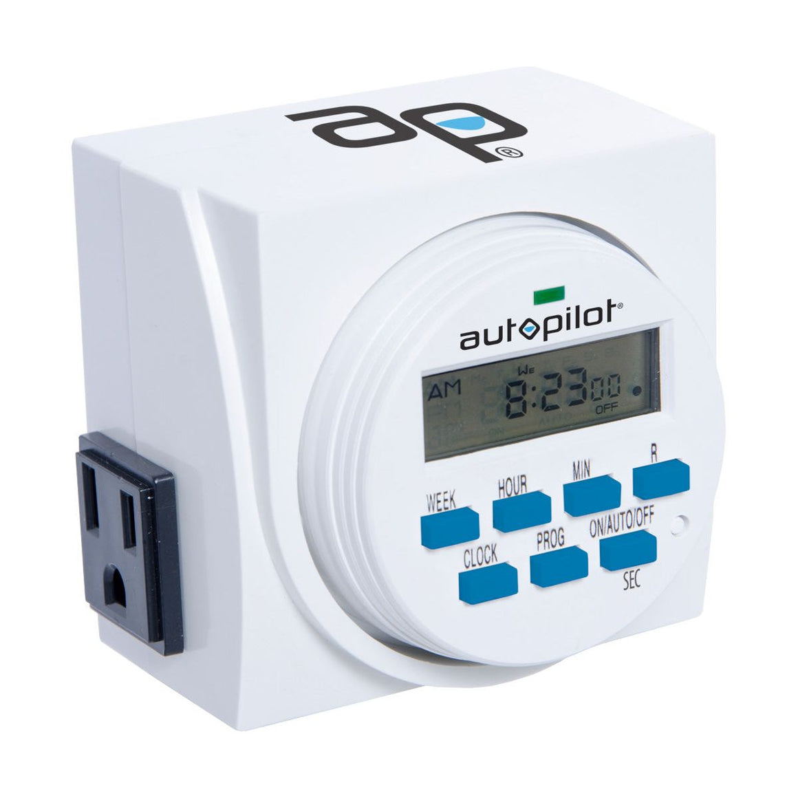 White Autopilot 7-day digital programmable timer with LCD, blue buttons, and a grounded electrical outlet.