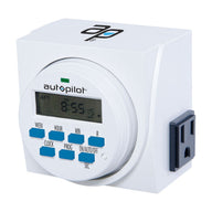 White Autopilot digital programmable timer with LCD screen, blue buttons, and a black grounded power outlet on the side.