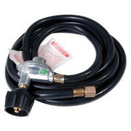 Black coiled LP gas regulator hose for CO2 generator with silver regulator and brass fittings.