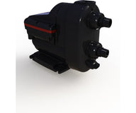 Black reverse osmosis pump with red stripe and multiple fittings on white background.