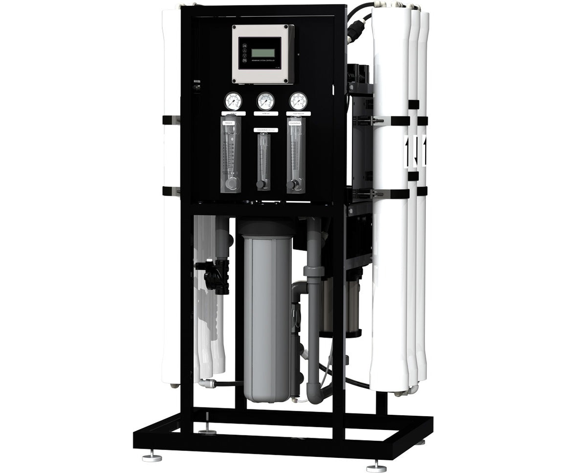 Axeon N-6000 reverse osmosis system with flowmeters, pressure gauges, and multiple membrane housings.
