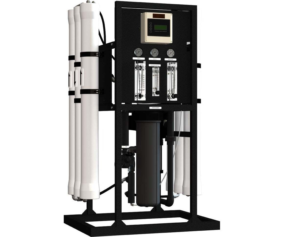 Axeon N-6000 RO system with white membrane housings, black frame, and digital controller.