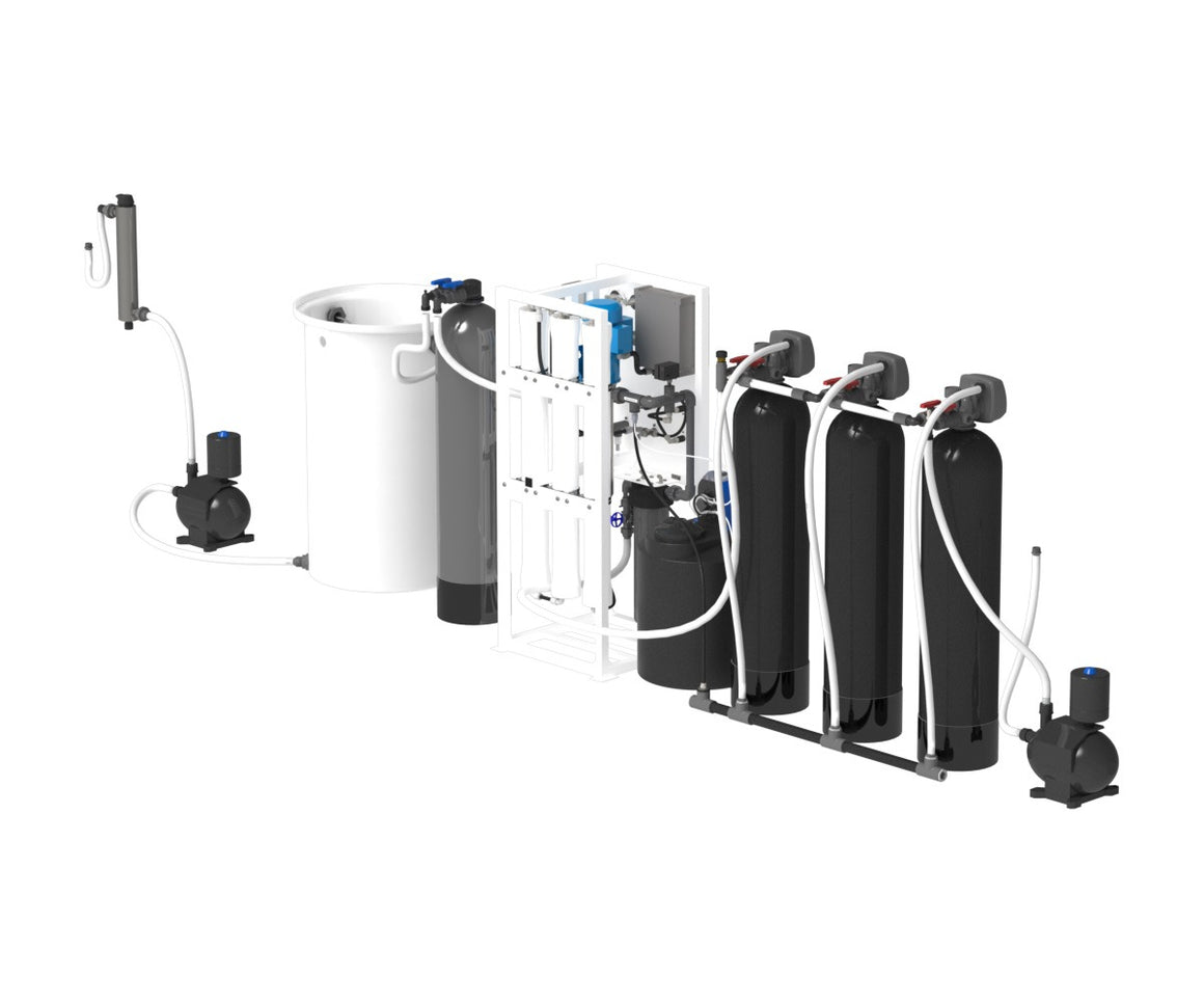Axeon N-8000 reverse osmosis system with multiple black tanks and white filters on a white background.