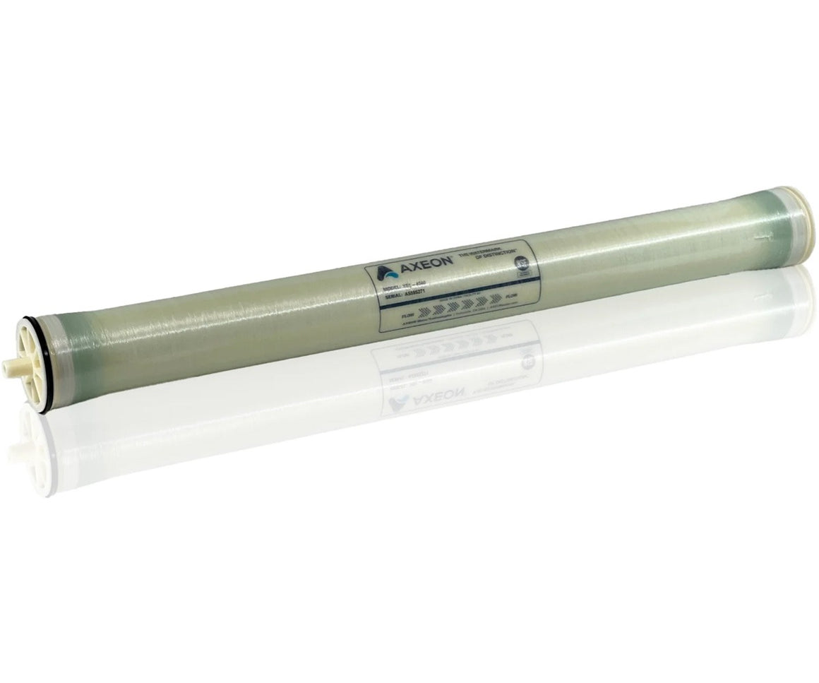 Axeon XE1-4040 RO membrane with "AXEON" logo, model, and serial number.