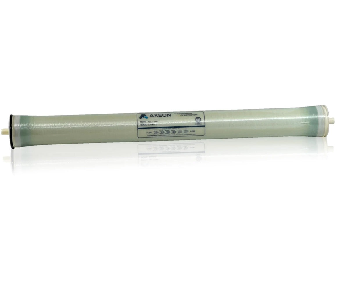 Axeon XE1-4040 4x40 RO membrane with NSF certification and flow indicators.