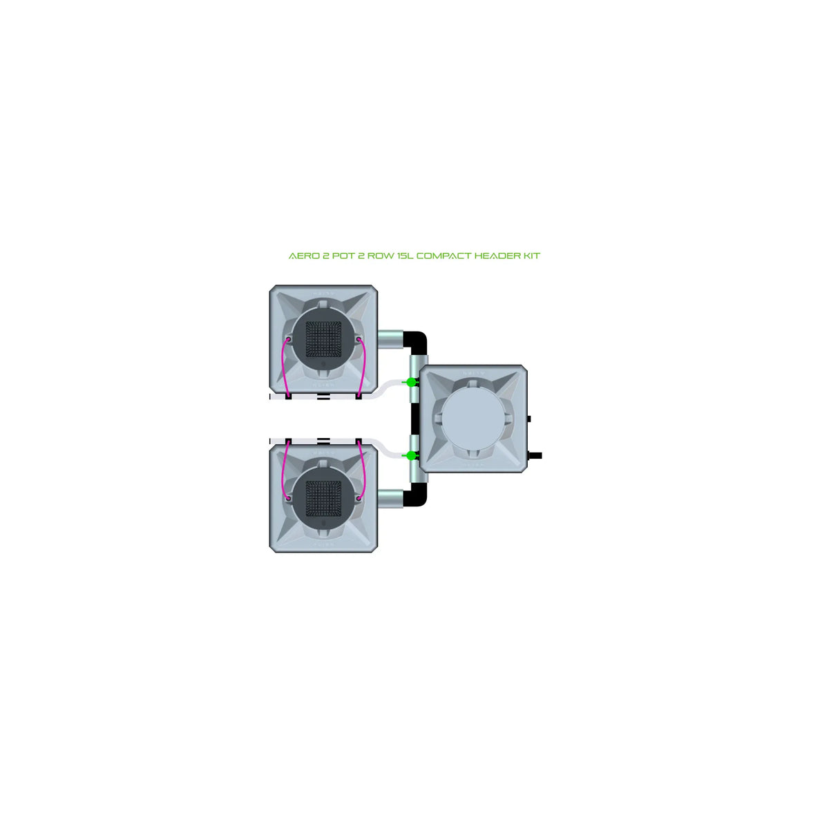 AERO 2 POT 2 ROW 15L COMPACT HEADER KIT diagram: Two square ALIEN hydroponic pots and one central unit connected by tubes.
