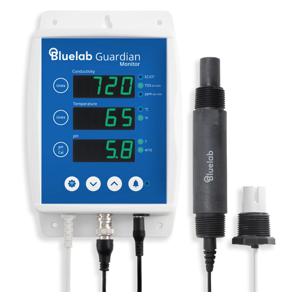 Bluelab Guardian Monitor with pH, conductivity, and temperature readings, plus two probes.