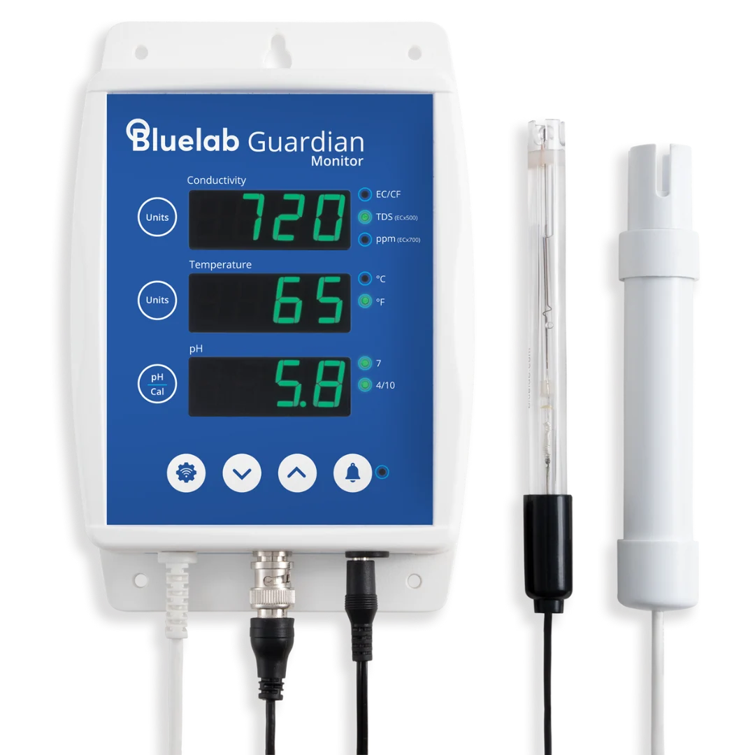 Bluelab Guardian Monitor Wi-Fi displays conductivity, temperature, and pH with probes.