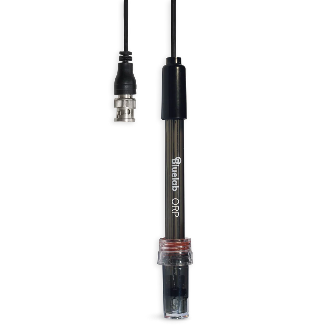 Bluelab ORP probe with BNC connector and black cable against a black background.