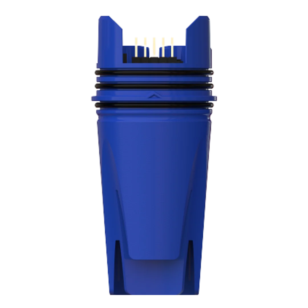 Blue digital pen with a clear plastic casing and connector pins on top.