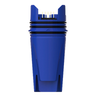 Blue digital pen with a clear plastic casing and connector pins on top.