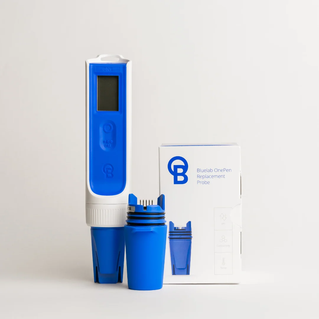 Bluelab OnePen replacement probe box with a blue and white pH meter and blue probe cap.