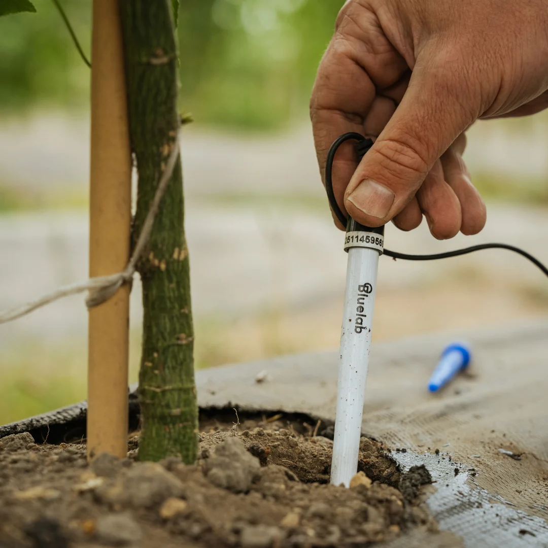 A hand inserts a white Bluelab pH probe into soil near a plant.