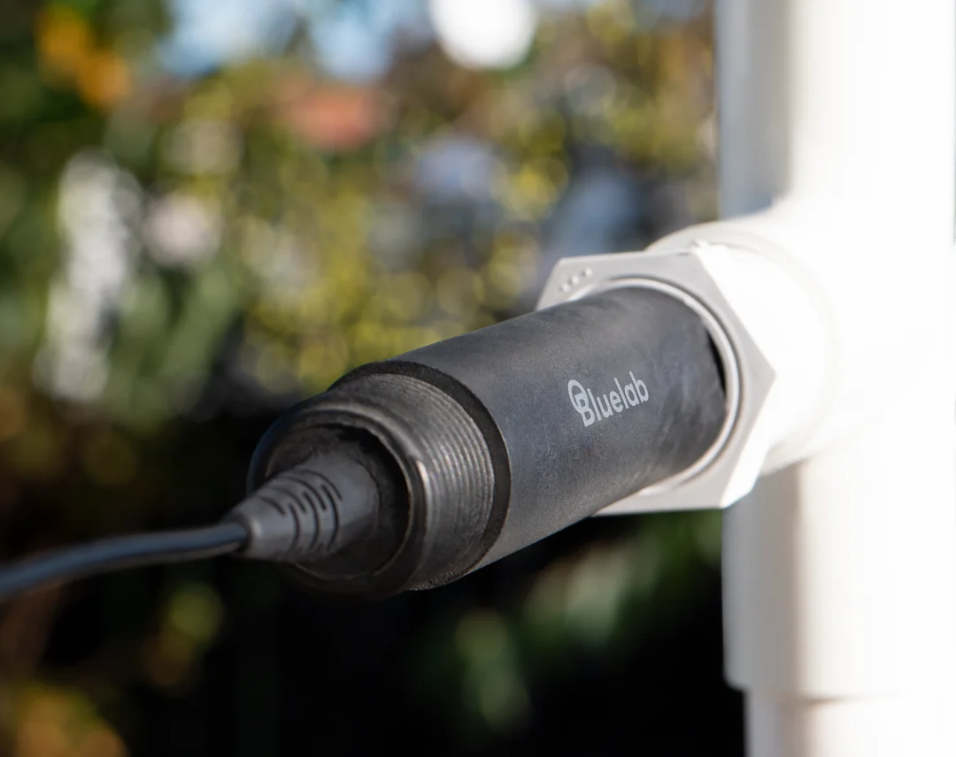 Bluelab pH probe attached to white pipe, with blurry greenery background.