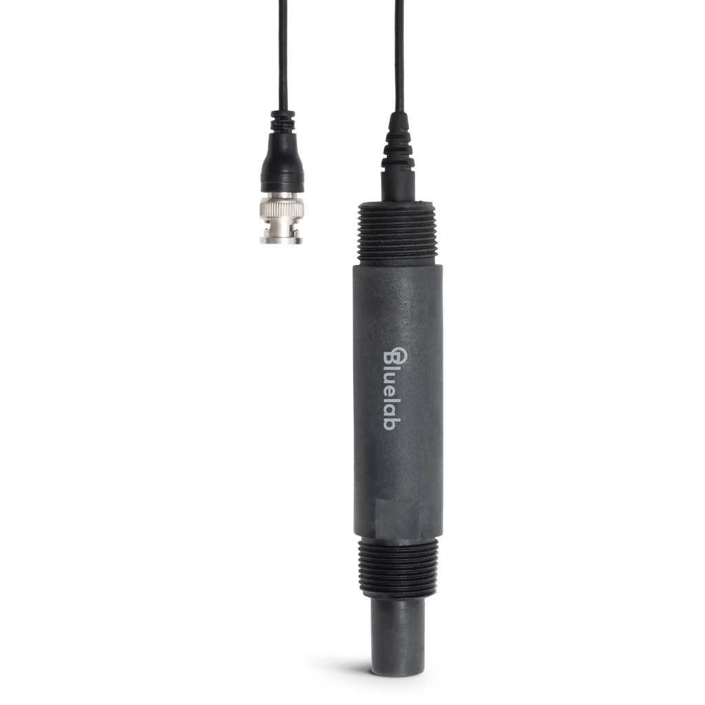 Bluelab pH probe inline with BNC connector on black background.