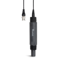 Bluelab pH probe inline with BNC connector on black background.